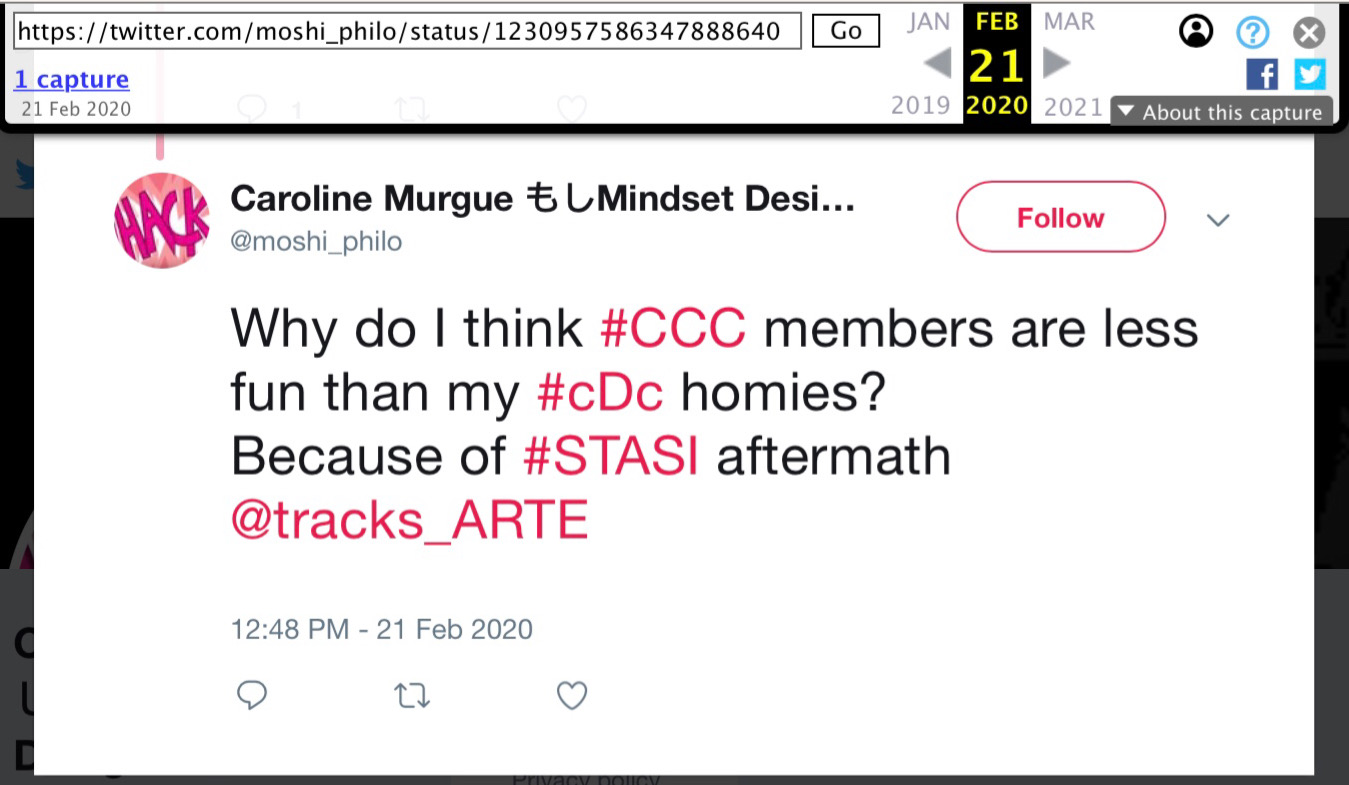 21 Feb 2020 tweet from @moshi_philo: Why do I think #CCC members are less fun than my #cDc homies? Because of #STASI aftermath @tracks_ARTE
